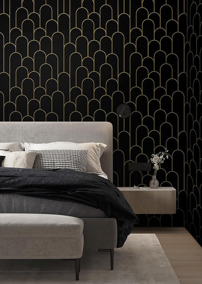 Yasinet Peel and Stick Wallpaper Black and Gold Wallpaper Modern Geometric Contact Paper for Bedroom Black Removable Self Adhesive Waterproof Wall Paper for Bathroom cabinets Vinyl 17.3”x393.7”