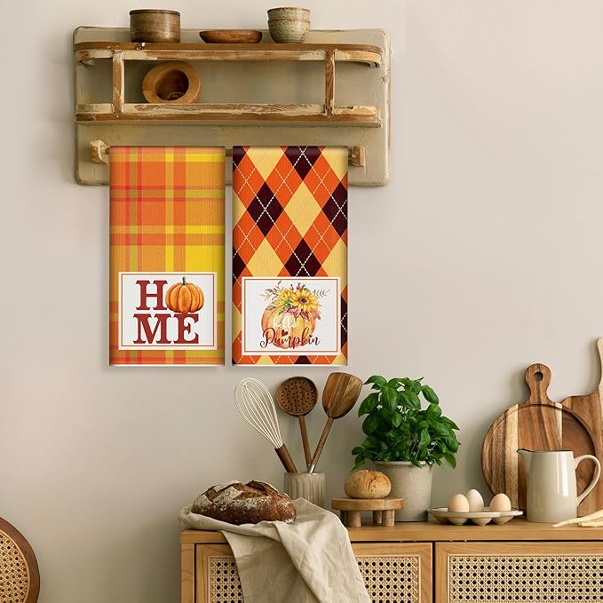 Zubebe 6 Pcs Thanksgiving Dish Towels 18 x 28 Inch Fall Kitchen Towels Hand Cotton Buffalo Plaid Pumpkin Autumn Decoration Truck Maple Leaf Sunflower Dishcloth for Farmhouse Home Cooking Baking