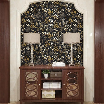 Laatse Vintage Wallpaper Peel and Stick Black Floral Wallpaper 17.5'' x 393'' Gold Leaf Contact Paper Vinyl Waterproof Self Adhesive Boho Botanical Wall Paper for Bedroom Shlef Cabinet Décor