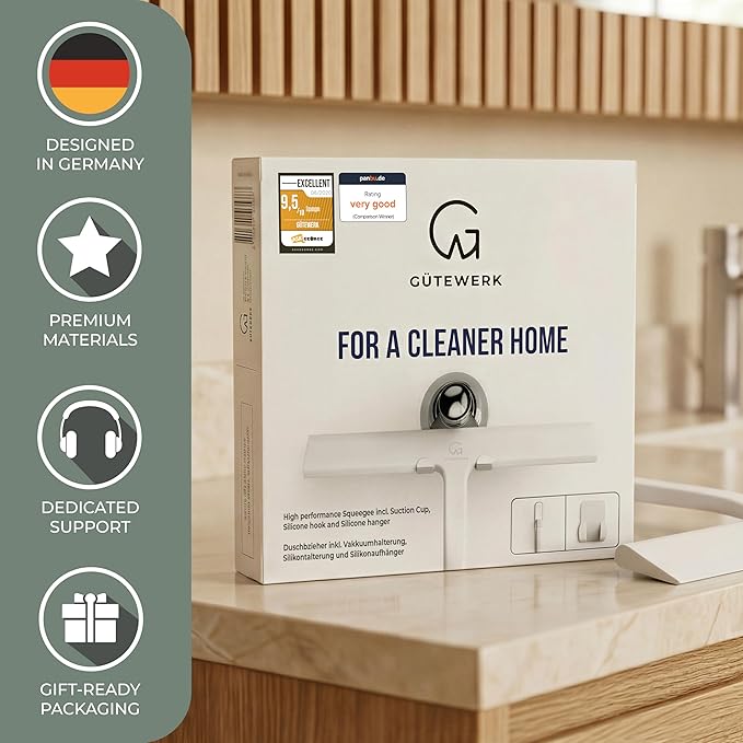 GÜTEWERK Silicone Shower Squeegee for Glass Doors & Mirrors with Stainless Steel Core, Streak-Free & No-Squeak Window Cleaning, 3-in-1 No-Drill Mount (Hook/Suction/Adhesive),White, 15 Inches
