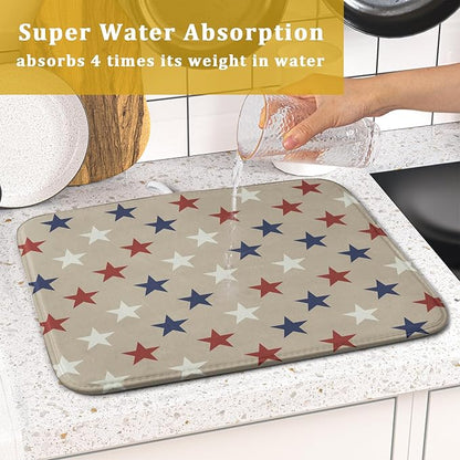 Patriotic July of 4th Blue Red White Star Dish Drying Mat for Kitchen Counter 16x18 Independence Day Absorbent Reversible Microfiber Drying Mats Kitchen Countertop Protector Dishes Drainer Rack Pad
