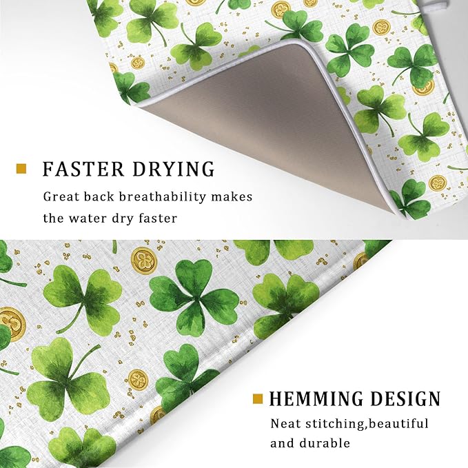 Green Shamrock St. Patrick's Day Dish Drying Mat 18 x 24 Inch With Absorbent Reversible Microfiber Lucky Clover Drying Spring Dish Drainer Mat Fast Dry For Kitchen Dining Room Decor