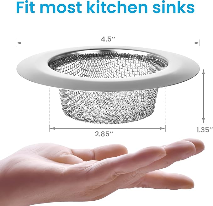 2 PCS Stainless Steel Sink Strainer with Large Wide Rim 4.5" Diameter, Mesh Metal Drain Strainer, Fine Mesh Kitchen Sink Strainer, Hair Basket Drain - Fits Most Kitchen Sink