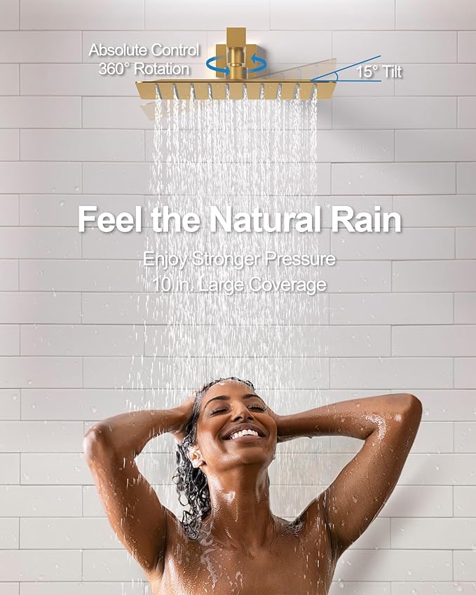 Double Handle High Pressure 3 Spray Shower Faucet Set with Valve 10 Inch Wall Mount Brushed Gold