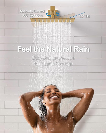 Double Handle High Pressure 3 Spray Shower Faucet Set with Valve 10 Inch Wall Mount Brushed Gold