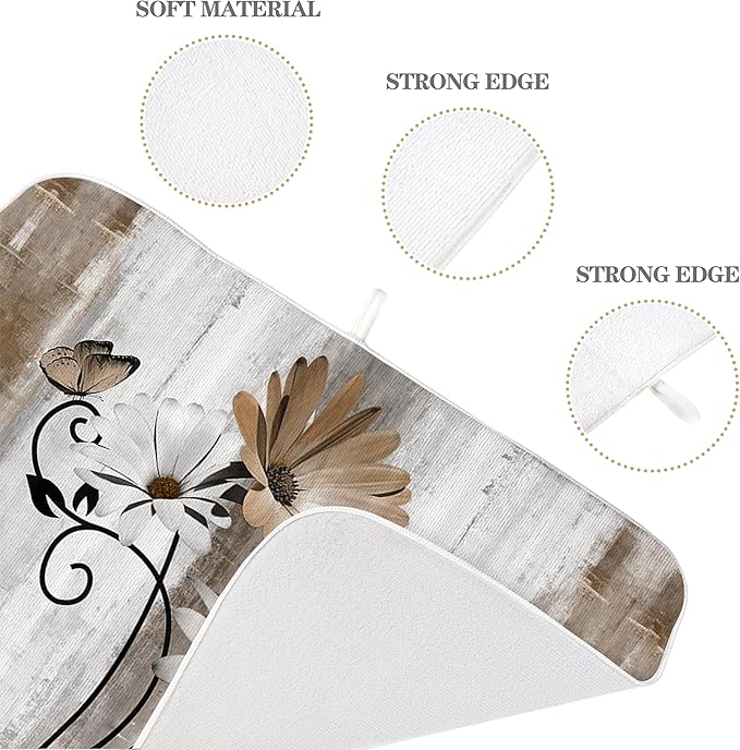Floral Dish Drying Mat 18x24 Inches For Kitchen Counter Brown Daisy Flower Kitchen Decoration Drying Mat Modern Decorative Drying Pad For Home Kitchen Decor,Dining Room,Office Decor