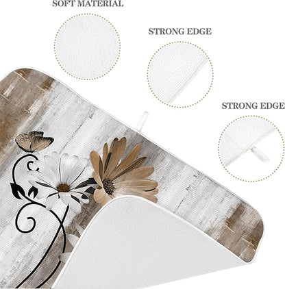 Floral Dish Drying Mat 18x24 Inches For Kitchen Counter Brown Daisy Flower Kitchen Decoration Drying Mat Modern Decorative Drying Pad For Home Kitchen Decor,Dining Room,Office Decor