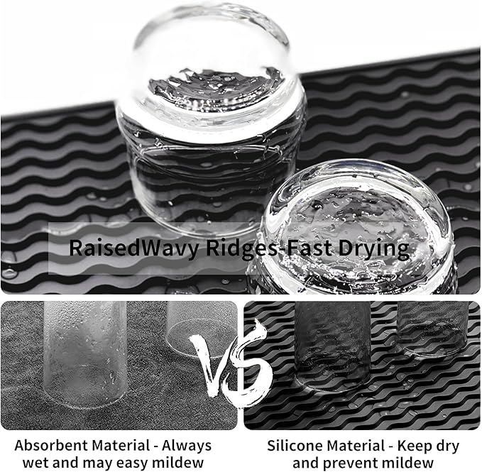 ZLR Silicone Dish Drying Mat 12" x 12" Square - Small Heat Resistant Trivet & Countertop Protector for Air Fryer, Coffee Maker - Waterproof Kitchen Drain Pad for Cups, Fruit (Black)