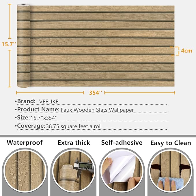 VEELIKE Slat Wood Contact Paper Wood Wallpaper Peel and Stick for Walls Countertops Waterproof Self Adhesive Brown Wood Vinyl Wall Panel 15.7''x354'' Removable Wood Wall Paper for Bathroom Kitchen