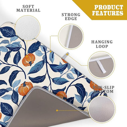 Autumn Pumpkin Dish Drying Mat for Kitchen Counter 18x24 Inch Blue and Orange Fall Thanksgiving Leaf Absorbent Reversible Microfiber Dish Drainer Rack Mats Countertops Protector Mat