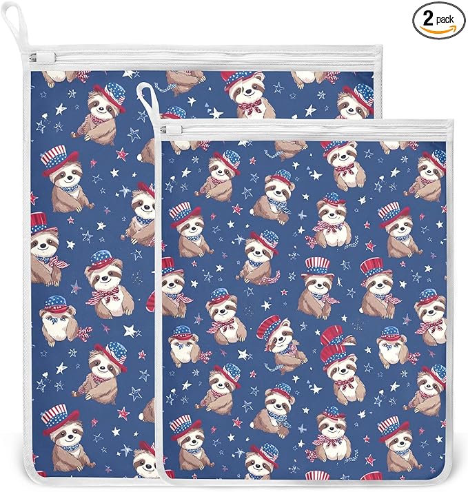 Mesh Laundry Bags Lingerie Bags for Washing Delicates 2 PCS Durable Wash Bag with Zipper Small and Medium Washable 4th July Sloths Blue