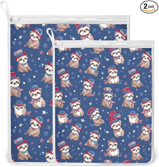 Mesh Laundry Bags Lingerie Bags for Washing Delicates 2 PCS Durable Wash Bag with Zipper Small and Medium Washable 4th July Sloths Blue
