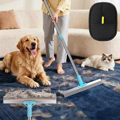AIERSA Multifunctional Carpet Rake for Pet Hair Removal Tool 2 in 1 Metal and TPU Matted Carpet Scraper 54" Dog Hair Broom with Electrostatic Remover Glove for Couch Furniture Car