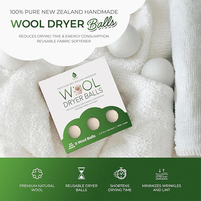 Pursonic XL Laundry Wool Dryer Balls Made with 100% Pure New Zealand Wool - Natural Reusable Fabric Softener Balls for Drying Time & Energy Consumption - Reduces Clothing Wrinkles & Lint - Set of 9