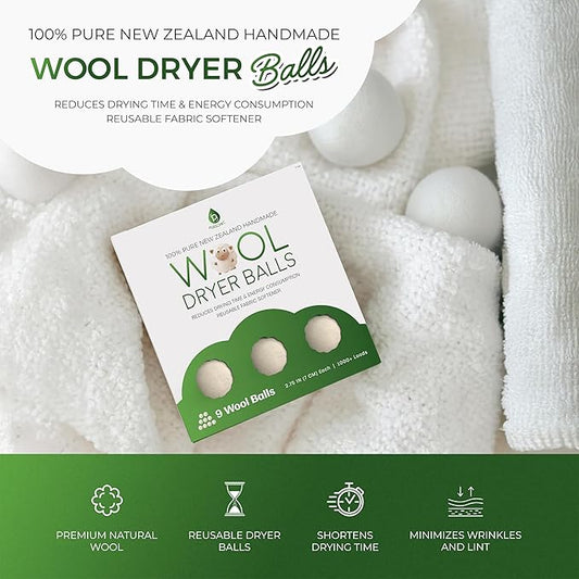 Pursonic XL Laundry Wool Dryer Balls Made with 100% Pure New Zealand Wool - Natural Reusable Fabric Softener Balls for Drying Time & Energy Consumption - Reduces Clothing Wrinkles & Lint - Set of 9