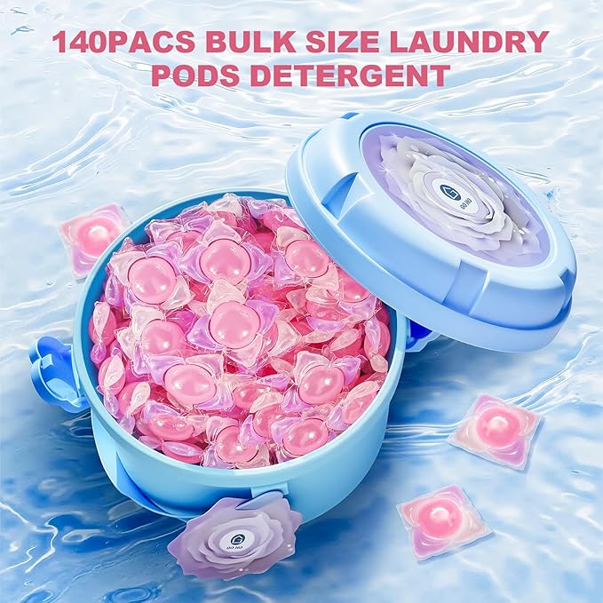 140-Count Laundry Detergent Pods, 5-in-1 Powerful Clean, Stain Remover, Color Protector, Fabric Care, Deep Intensive Clean, HE Compatible