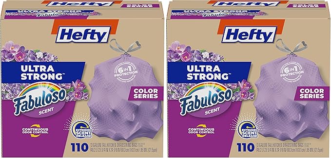 Hefty Ultra Strong 13 Gallon Trash Bags, Tall Kitchen Trash Bags 13 Gallon Size, Resist Leaks, Punctures, and Rips, Continuous Odor Control, Purple, Fabuloso Scent,(Pack of 220)