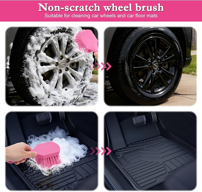 Pink Wheel Brush for Women, Soft Bristle Tire Brushes, Car Rim Cleaning Brush for Auto, Home & Motorcycles