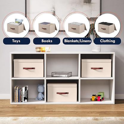 Ornavo Home 6 Pack Collapsible Storage Bins with Lid, Foldable Linen Fabric Shelf Storage Basket Closet Organizer and Large Storage Box for Clothes with Leather Handles, 16.5 x 11.8 x 7.5, Beige