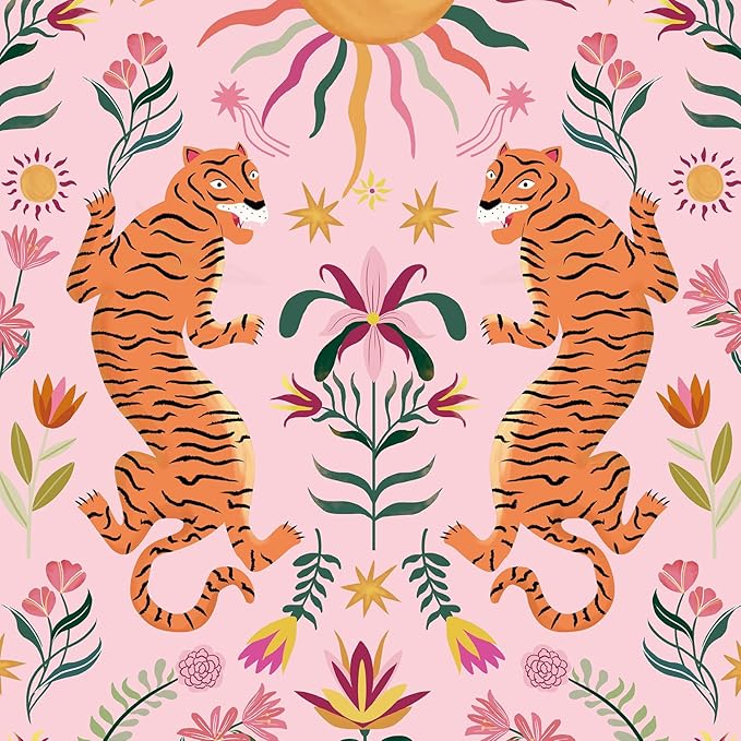 JiffDiff Pink Tiger Peel and Stick Wallpaper - Tropical Tiger Boho Removable Self Adhesive Jungle Animal Wall Paper for Bedroom, Living Room, Nursery Waterproof DIY Wall Decor (17.3" x 120")
