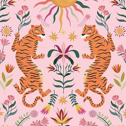 JiffDiff Pink Tiger Peel and Stick Wallpaper - Tropical Tiger Boho Removable Self Adhesive Jungle Animal Wall Paper for Bedroom, Living Room, Nursery Waterproof DIY Wall Decor (17.3" x 240")