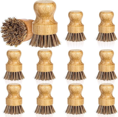 12 Packs Bamboo Dish Scrub Brush Wooden Washing Scrubbers with Sisal Bristles Kitchen Palm Pot Brush Round Mini Dish Brushes for Household Iron Pot Pan Sink Sink Vegetables Cleaning (Brown)