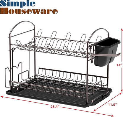 Simple Houseware 2-Tier Dish Rack with Drainboard, Bronze