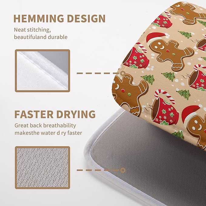 Cute Gingerbread Man Xmas Dish Drying Mat, Absorbent Dish Pad, 18x24 inch