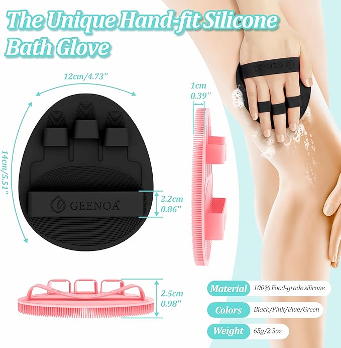 Upgrade Silicone Body Scrubber with Straps, 360° Anti-Slip & Enlarged Exfoliating Shower Scrubber for Rich Foaming Deep Cleaning, No-Grip & Hand-fit Bath Glove for All Skin Types(Black+Pink)