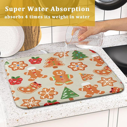 Christmas Dish Drying Mat for Kitchen Counter 16x18 Cute Gingerbread Themed Winter Xmas Holiday Absorbent Reversible Microfiber Drying Mats Kitchen Countertop Protector Dishes Drainer Rack Pad