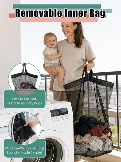 Laundry Hamper with Lid, Reinforced Sturdy Clothes Hamper with Anti-Puncture Base, Large Collapsible Laundry Basket with Removable Liner Bag, Tall Dirty Clothes Bin for Family, 100L Grey