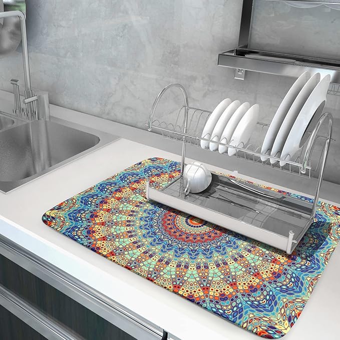 Bohemian Mandala Dish Drying Mat for Kitchen Counter Boho Ethnic Drying Mat 18 x 24 Inch with High Absorbent Reversible Microfiber Dish Drying Pad Dish Rack Pad Drainer Mat for Coffee Bar