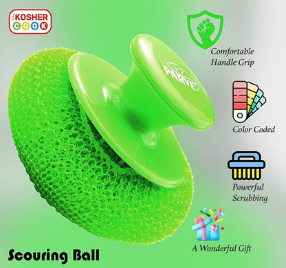 Parve Green Scouring Pad with Comfortable Handle – Ergonomic Easy Grip Dishwashing Cleaning Sponge Brush – Color Coded Home and Kitchen Accessories by The Kosher Cook