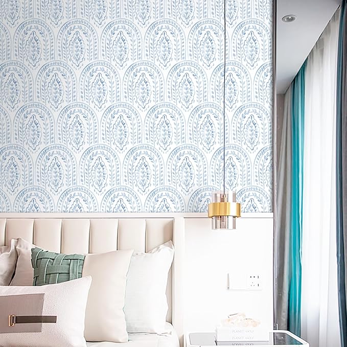 EeeComing Blue Peel and Stick Wallpaper Boho Wall Paper Peel and Stick Modern Contact Paper Self Adhesive Wallpaper for Bedroom and Bathroom Removable Cabinet Shelf Liner Vinyl 17.3”X118.1”