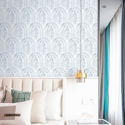 EeeComing Blue Peel and Stick Wallpaper Boho Wall Paper Peel and Stick Modern Contact Paper Self Adhesive Wallpaper for Bedroom and Bathroom Removable Cabinet Shelf Liner Vinyl 17.3”X118.1”