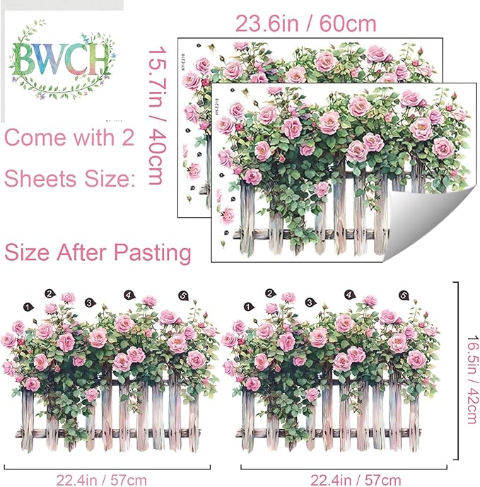 Romantic Rose Decals Floral Wall Decor, Rose Vine Fence Flowers Stickers Wall Art Murals, Flower Pattern Self-Adhesive Stickers for Girls Bedroom Living Room Nursery Decor