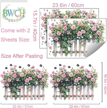 Romantic Rose Decals Floral Wall Decor, Rose Vine Fence Flowers Stickers Wall Art Murals, Flower Pattern Self-Adhesive Stickers for Girls Bedroom Living Room Nursery Decor