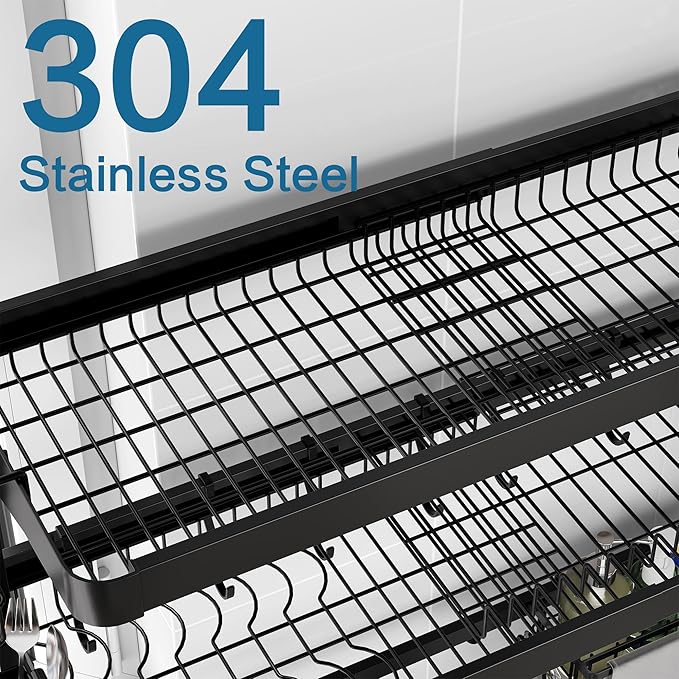 LIVOD Over The Sink Dish Drying Rack,3 Tier Adjustable Length Full Stainless Steel Large Storage Kitchen Dish Rack,for Kitchen Counter Expandable Multifunctional Organizers,Silver(25.5'' to 37.4'')