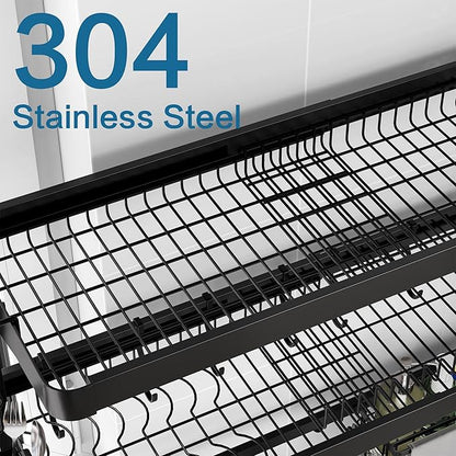 LIVOD Over The Sink Dish Drying Rack,3 Tier Adjustable Length Full Stainless Steel Large Storage Kitchen Dish Rack,for Kitchen Counter Expandable Multifunctional Organizers,Silver(25.5'' to 37.4'')