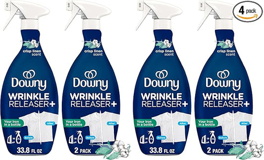 Downy Wrinkle Releaser Spray, All In One Formula, Removes Wrinkles, Static and Odor Eliminator, Crisp Linen Scent, 33.8 Fl Oz (Packaging May Vary),(Pack of 4)