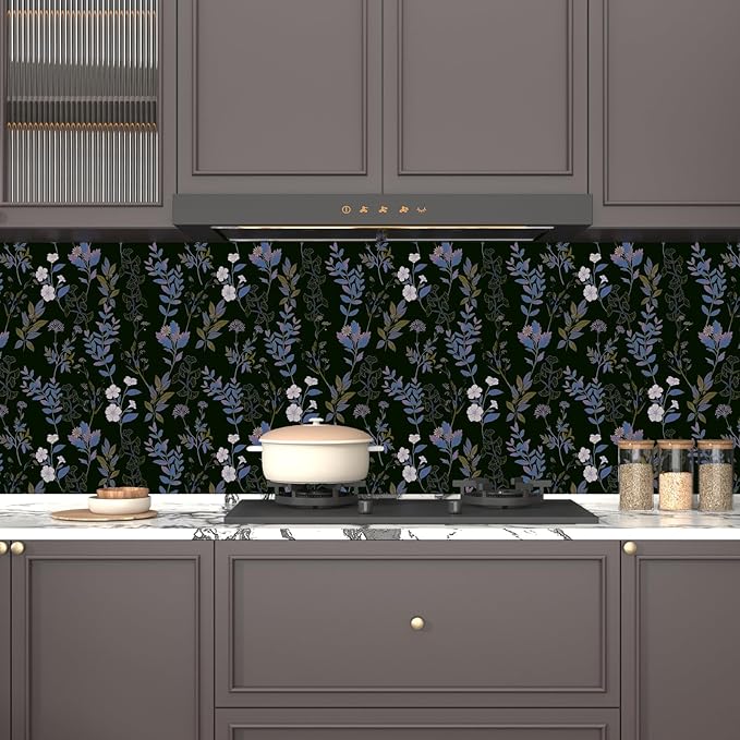 Fvlow Black Blue Floral Wallpaper Peel and Stick Boho Blue Purple Leaf Contact Paper 17.4" X 118" Vintage Wallpaper Waterproof Self-Adhesive Dark Wall Covering for Bedroom Countertop Desk Cabinets