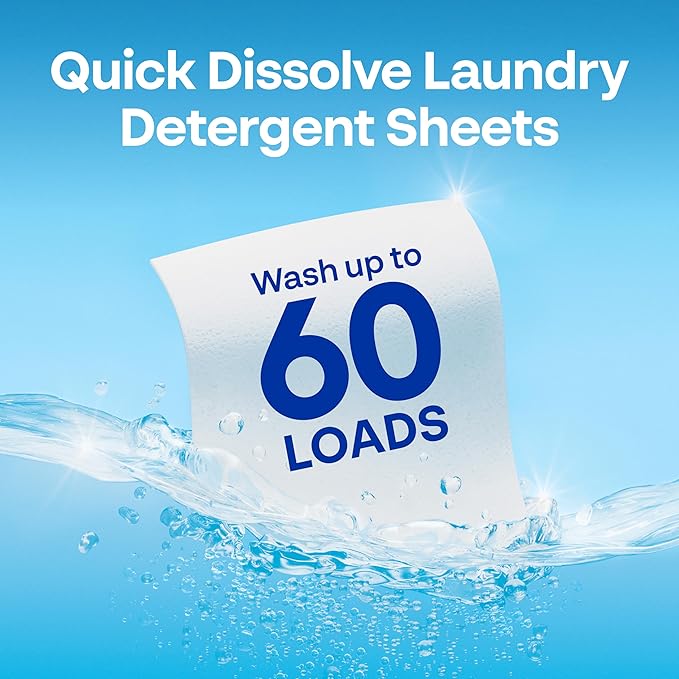 Earth Breeze Laundry Detergent Sheets Fragrance-Free - 60 Loads Eco Liquidless Soap - Travel-Friendly for Hot & Cold Cycles, Tackles Tough Stains & Odors - Gentle on Sensitive Skin, 30 Ct