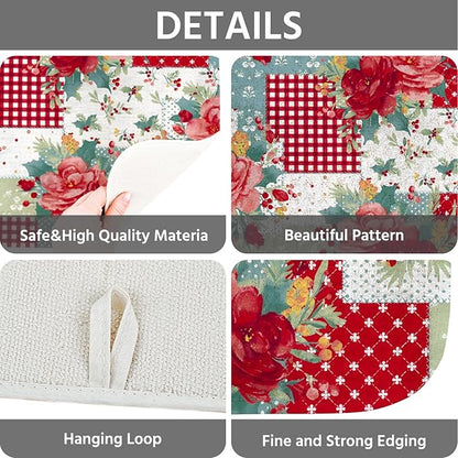 Dish Drying Mat for Kitchen Counter 18x24 Inch, Super Absorbent Dish Drainer Mat, Decorative Microfiber Dishes Drying Pad-Large(Red Flower)