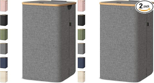 BALEINE Laundry Hamper with Lid, Tall Laundry Baskets with Bamboo Pull Handles, Large Laundry Bin with Internal Support (26 Gal/100L, Grey) (Pack of 2)
