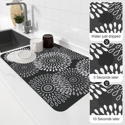 LuxStep Dish Drying Mat Super Absorbent Kitchen Counter Mat Rubber Backing Draining Mat Easy to Clean Kitchen Accessories Dish Rack Pad for Dishes, Utensils, Countertops, Sinks 16" x 24" Black