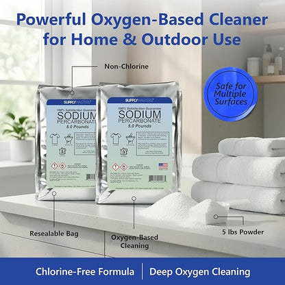 Sodium Percarbonate Powder 2 Pack (10 lbs Total) – Oxygen Bleach Alternative & Stain Remover – Multi-Purpose Cleaner for Laundry, Carpets, Tile, Grout, Decks, Kitchens & Outdoor Areas