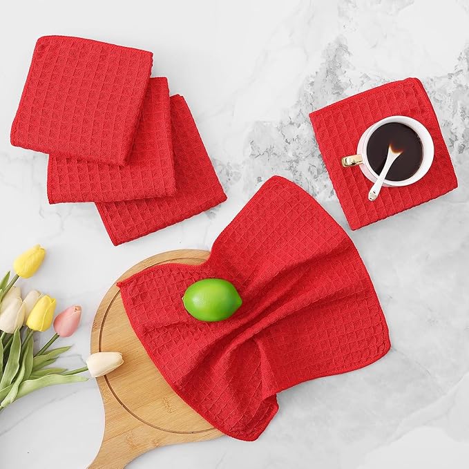 Homaxy Microfiber Waffle Weave Kitchen Dish Cloths, 12 x 12 Inch Ultra Absorbent and Solid Color Dish Towels for Kitchen Fast Drying Dishcloth for Washing Dishes, 6 Pack, Red