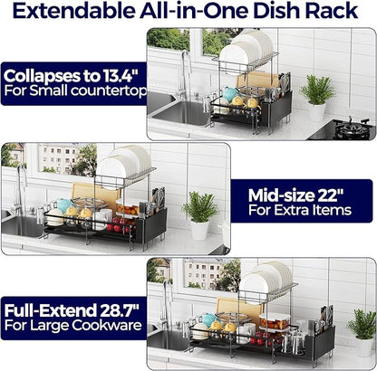 2 Tier Large Dish Drying Rack, Expandable Dish Rack for Kitchen Counter, Dish Drainer with Drainboard Set, Multifunctional Dishrack with Utensil Holder & Cup Holder, 13.4"-28.7" L x 11.8" W