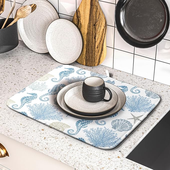 Blue Coral Dish Drying Pad 18 x 24 Inch With Absorbent Reversible Microfiber Coastal Starfish Seashell Summer Drying Mats Dish Drainer Mat Fast Dry For Kitchen Dining Room Decoration
