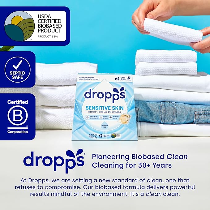 Dropps Sensitive Skin Laundry Detergent Pods, Unscented (64 Ct) - Hypoallergenic & Dermatologist Tested | Free & Clear | Laundry Pods for Sensitive Skin | Clean Ingredients | Plastic Free Packaging